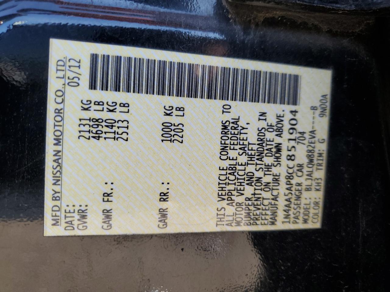 2012 Nissan Maxima S VIN: 1N4AA5AP8CC851904 Lot: 80367155