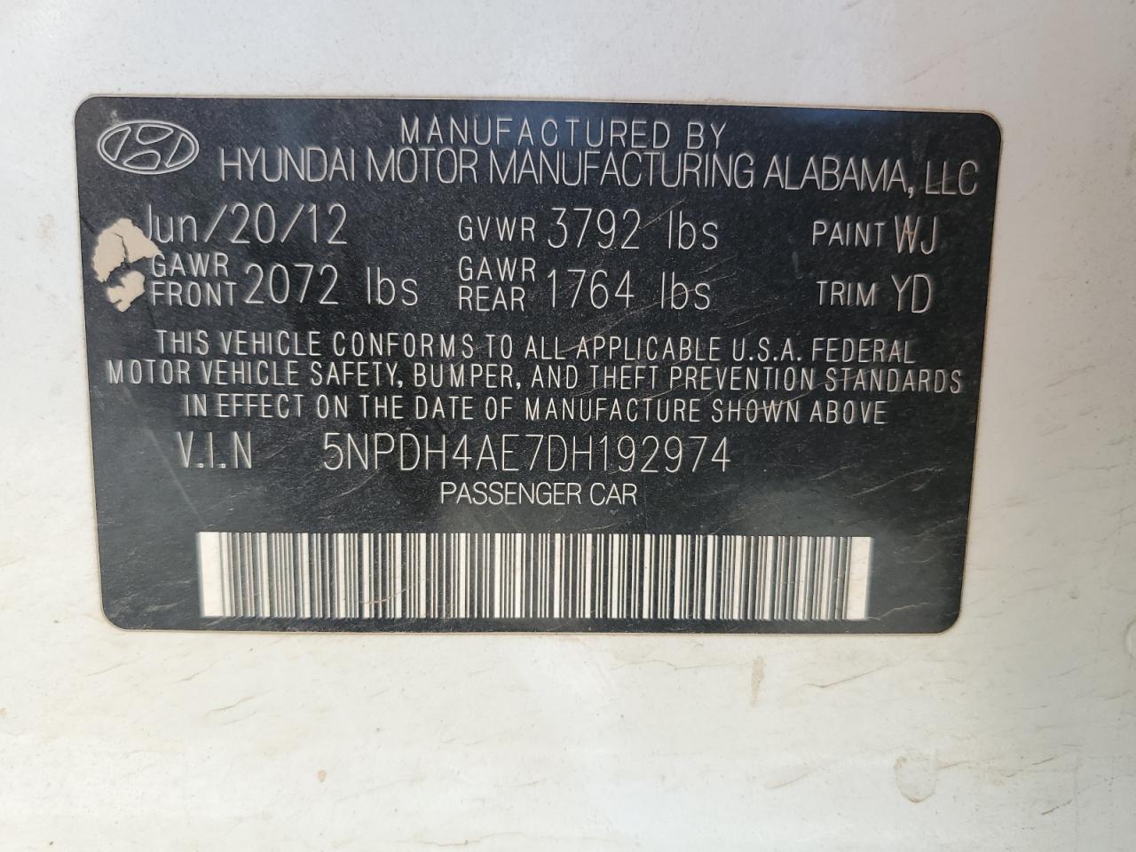 2013 Hyundai Elantra Gls VIN: 5NPDH4AE7DH192974 Lot: 84057415