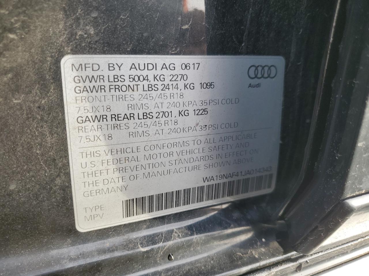 2018 Audi A4 Allroad Prestige VIN: WA19NAF41JA014343 Lot: 82113475