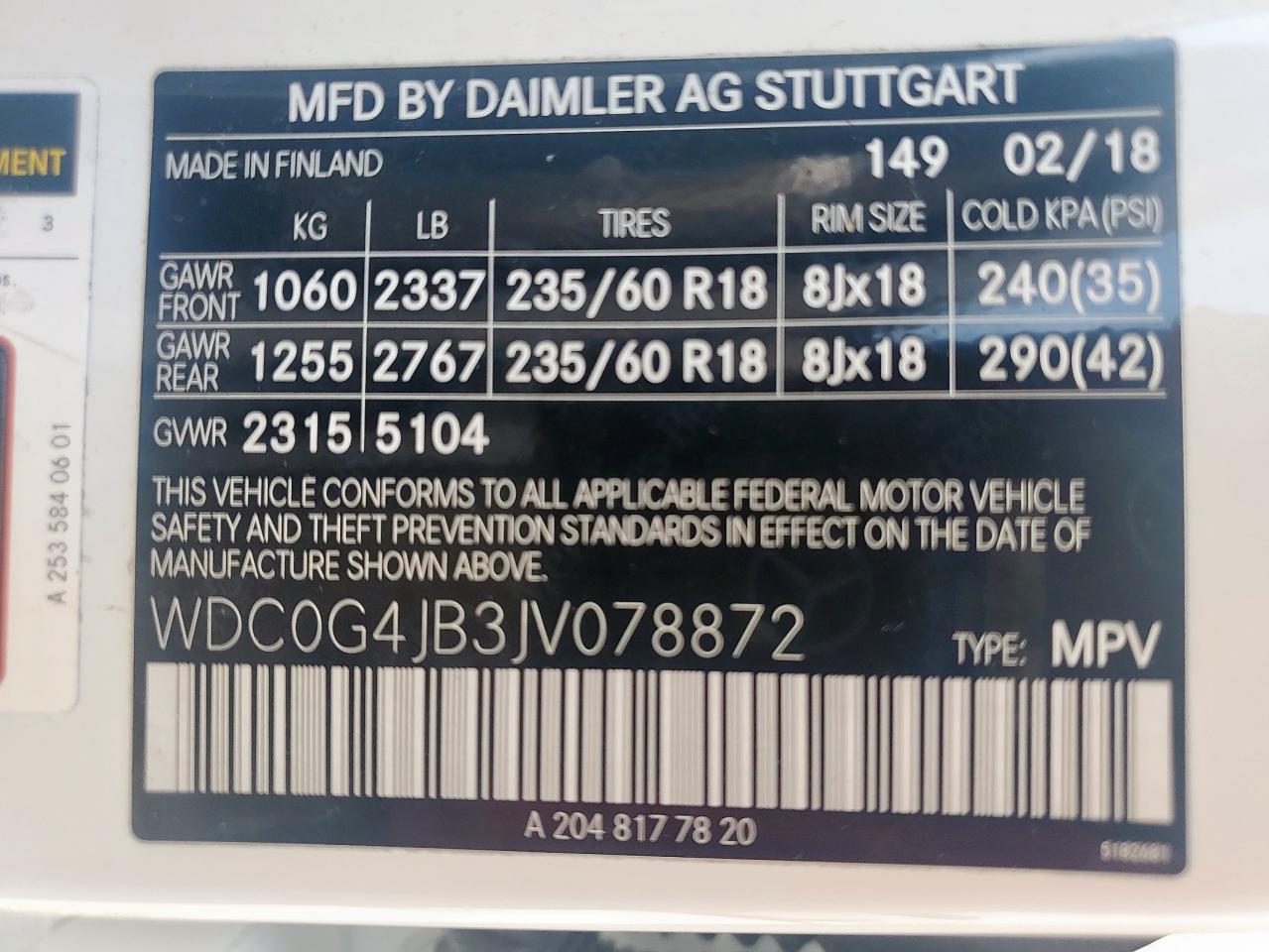 2018 Mercedes-Benz Glc 300 VIN: WDC0G4JB3JV078872 Lot: 71038405