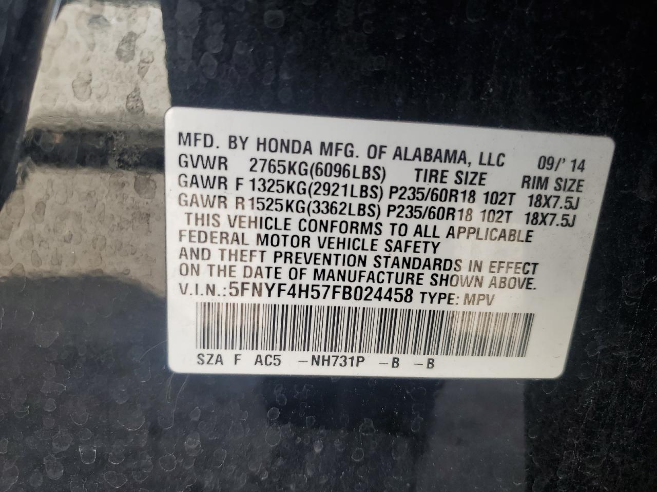 2015 Honda Pilot Exl VIN: 5FNYF4H57FB024458 Lot: 81697935