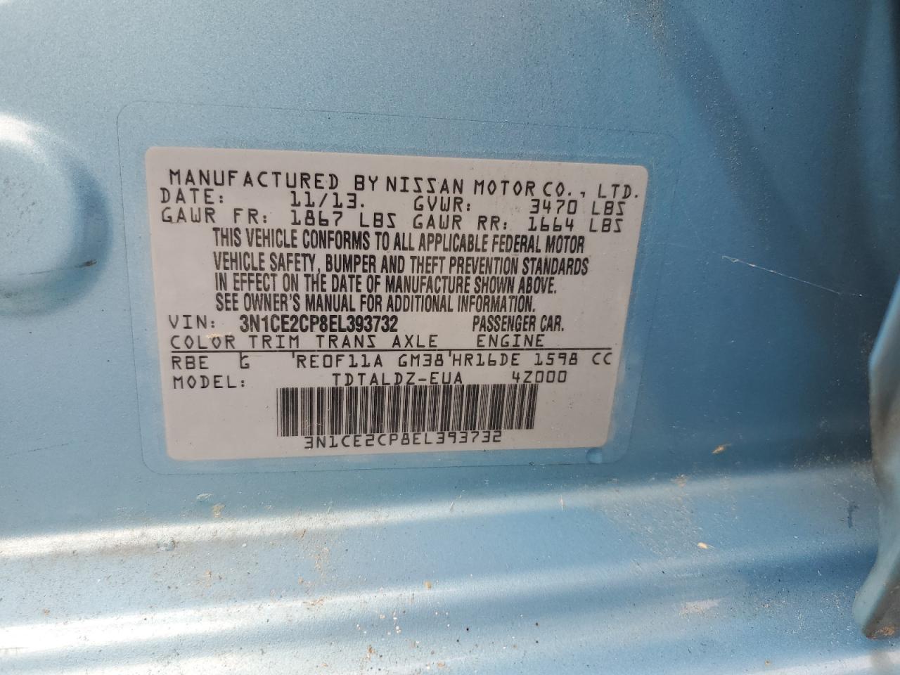 2014 Nissan Versa Note S VIN: 3N1CE2CP8EL393732 Lot: 70066325