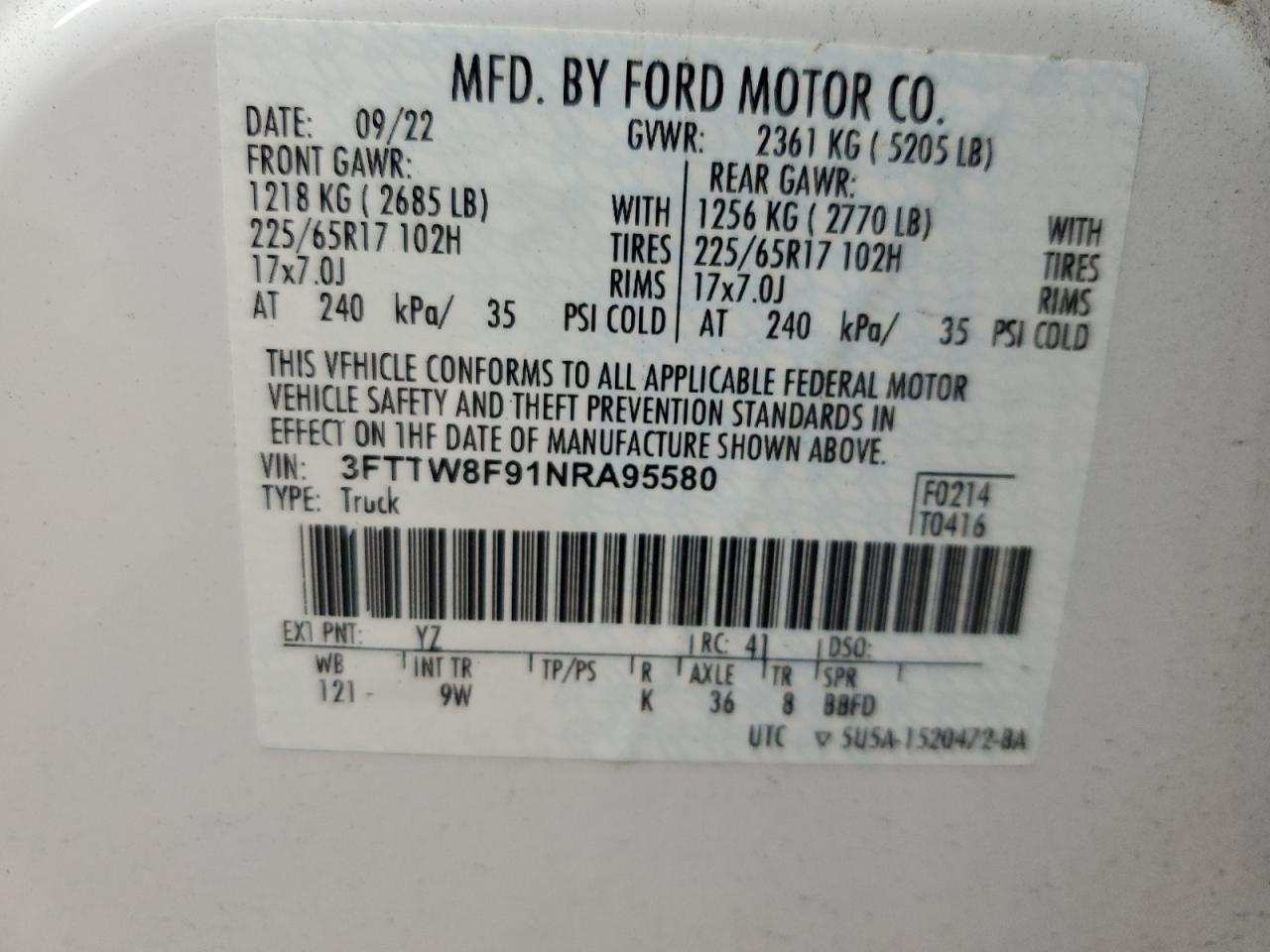 2022 Ford Maverick Xl VIN: 3FTTW8F91NRA95580 Lot: 70714915