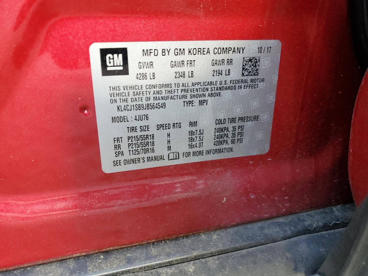 2018 Buick Encore Sport Touring VIN: KL4CJ1SB9JB564549 Lot: 72079915