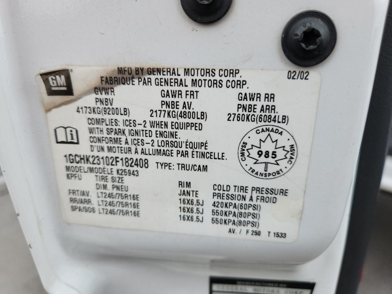 2002 Chevrolet Silverado K2500 Heavy Duty VIN: 1GCHK23102F182408 Lot: 81320325