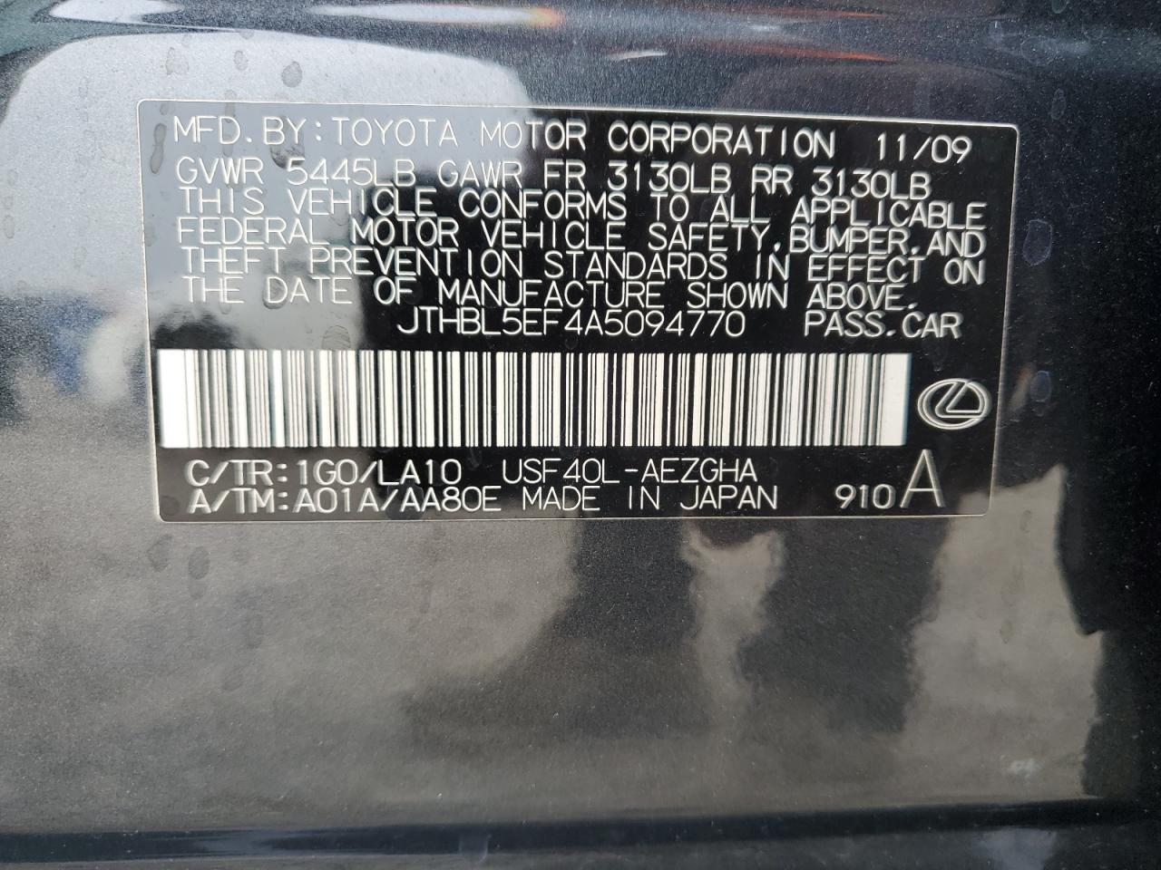 2010 Lexus Ls 460 VIN: JTHBL5EF4A5094770 Lot: 81650845