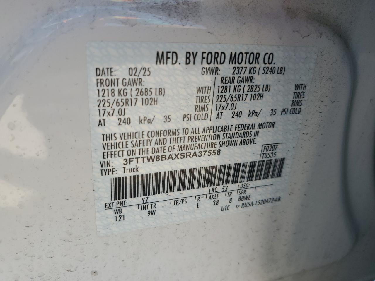 2025 Ford Maverick Xl VIN: 3FTTW8BAXSRA37558 Lot: 80876585