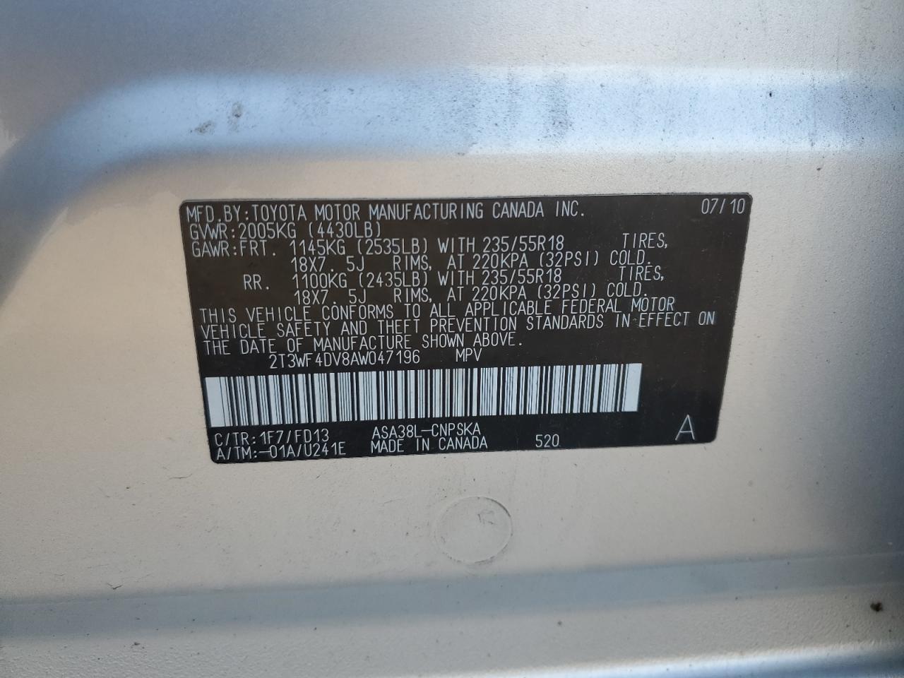 2010 Toyota Rav4 Sport VIN: 2T3WF4DV8AW047196 Lot: 80300615