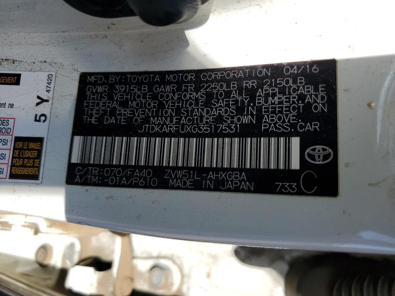 2016 Toyota Prius VIN: JTDKARFUXG3517531 Lot: 80353055