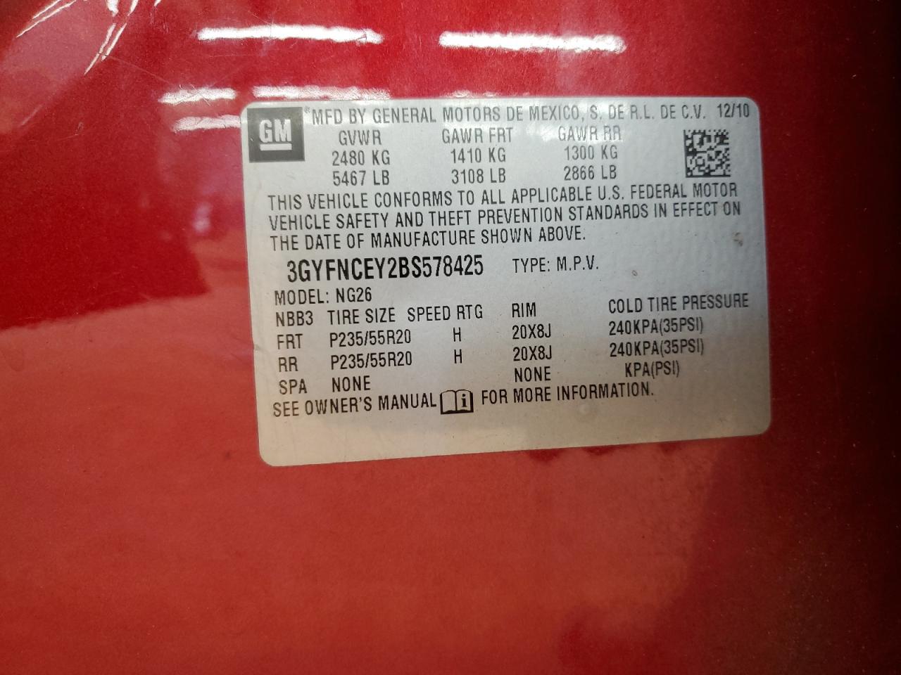 2011 Cadillac Srx Premium Collection VIN: 3GYFNCEY2BS578425 Lot: 70640675