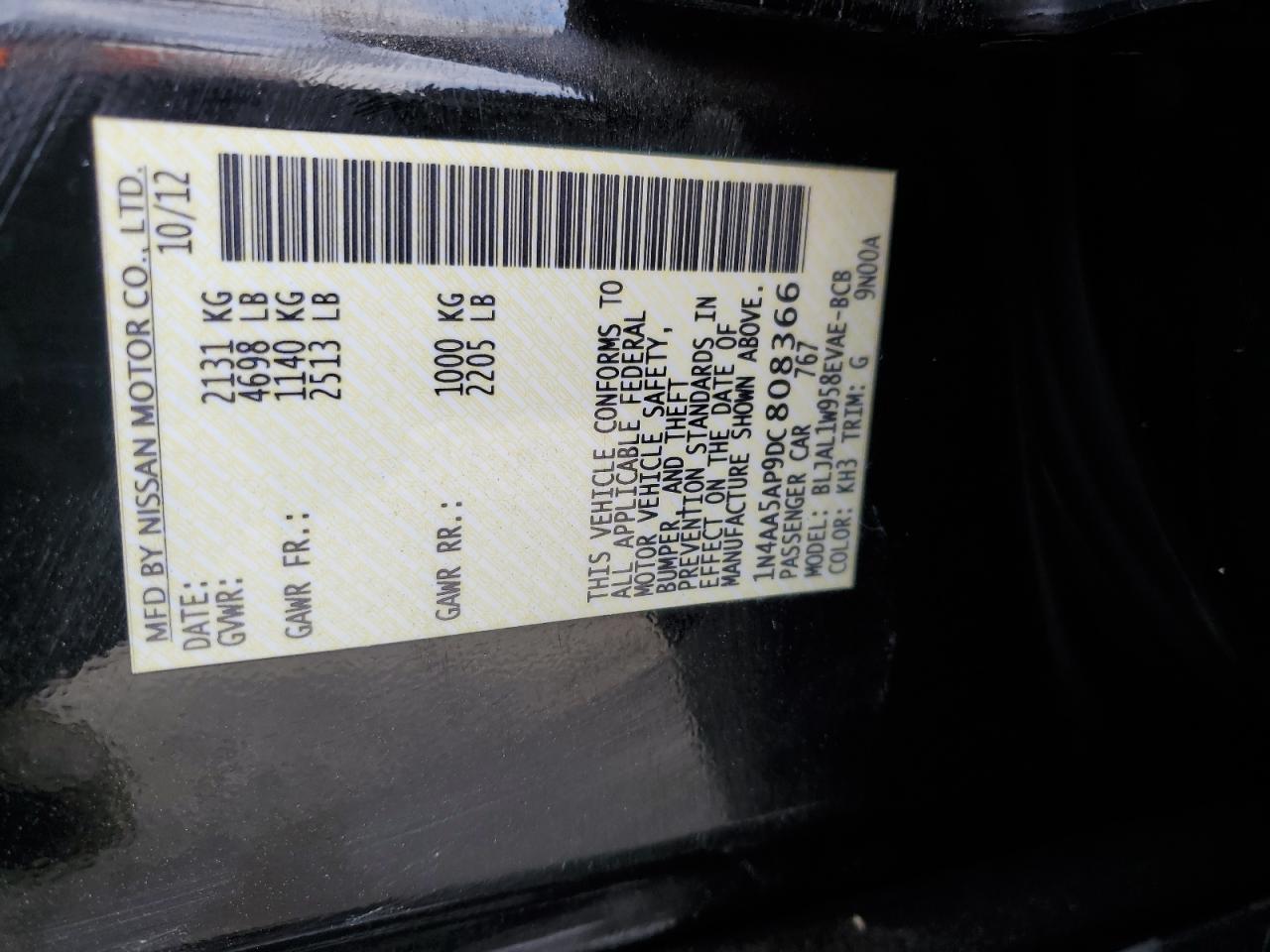 2013 Nissan Maxima S VIN: 1N4AA5AP9DC808366 Lot: 80523305