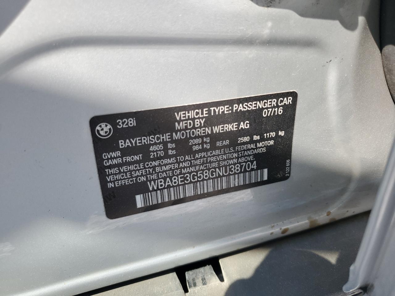 2016 BMW 328 Xi Sulev VIN: WBA8E3G58GNU38704 Lot: 80701275