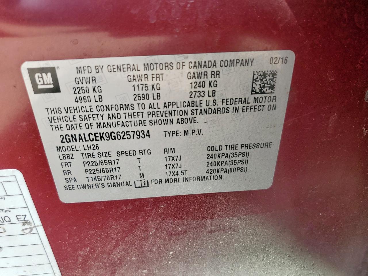 2016 Chevrolet Equinox Lt VIN: 2GNALCEK9G6257934 Lot: 83959235