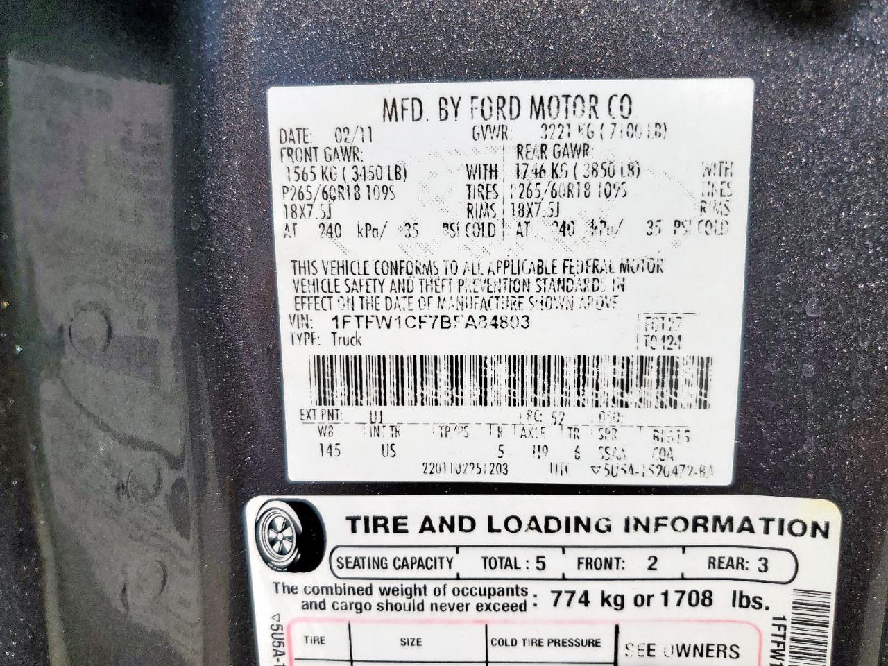 2011 Ford F150 Supercrew VIN: 1FTFW1CF7BFA84803 Lot: 81964885