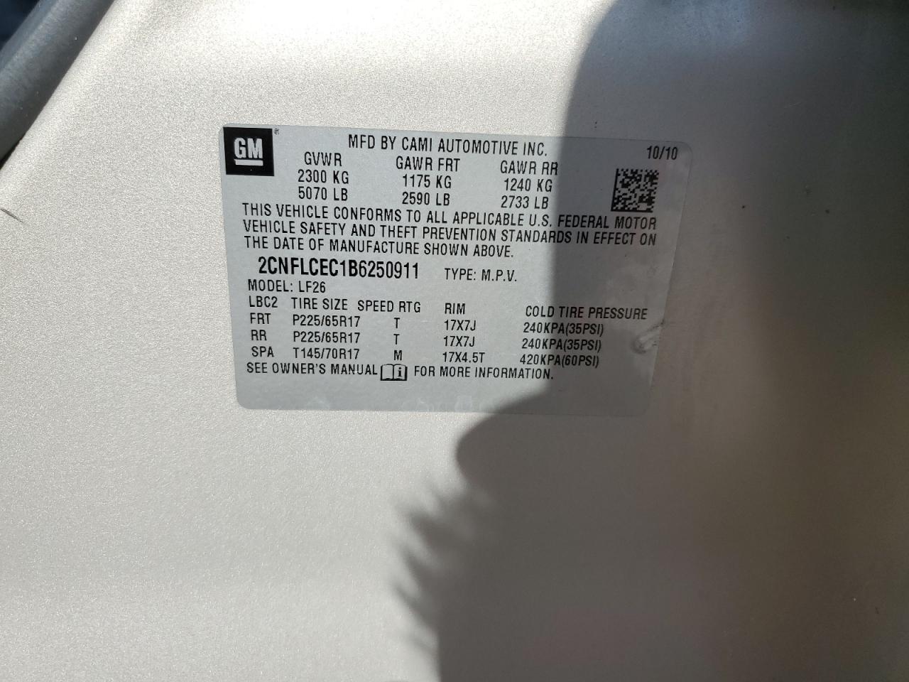 2011 Chevrolet Equinox Ls VIN: 2CNFLCEC1B6250911 Lot: 80721285