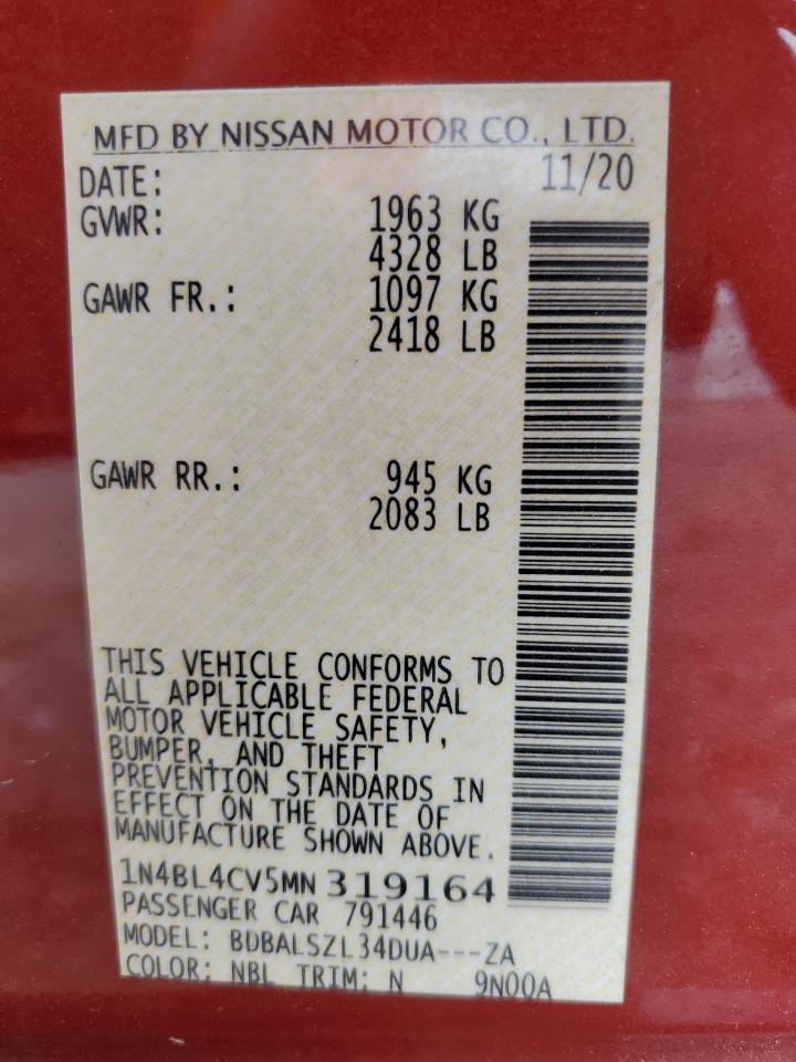 2021 Nissan Altima Sr VIN: 1N4BL4CV5MN319164 Lot: 80729915