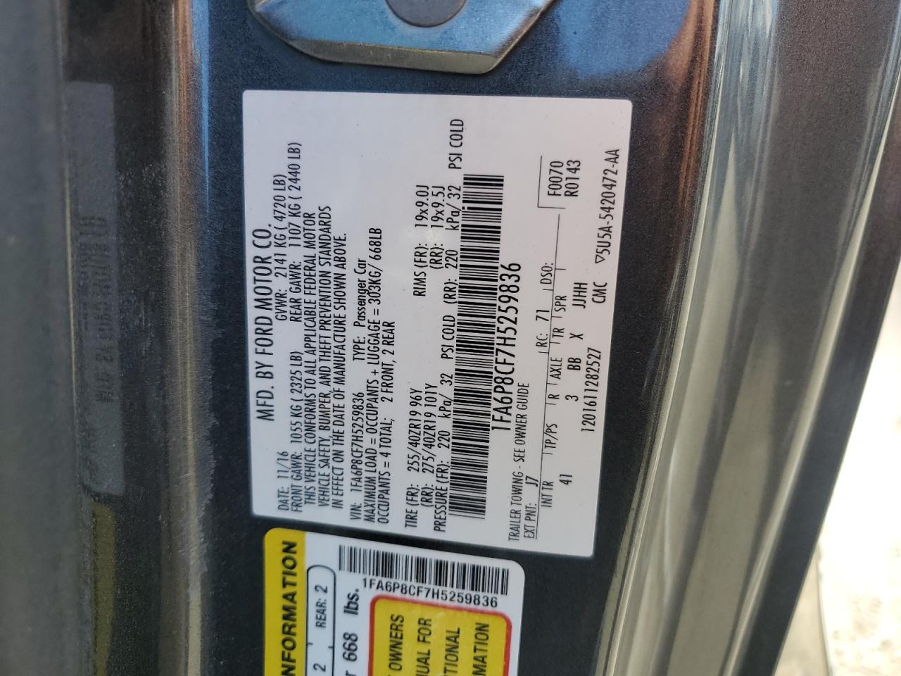 2017 Ford Mustang Gt VIN: 1FA6P8CF7H5259836 Lot: 71246225