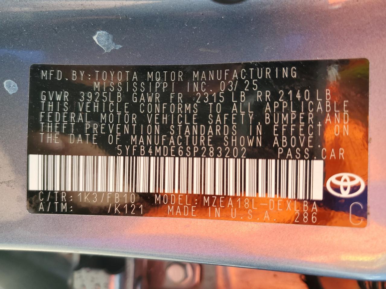 2025 Toyota Corolla Le VIN: 5YFB4MDE6SP283202 Lot: 71657135