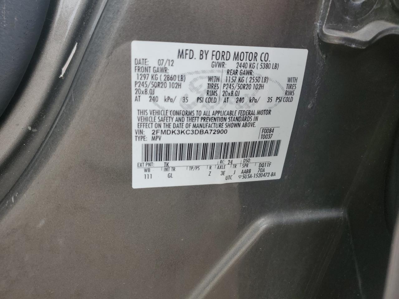 2013 Ford Edge Limited VIN: 2FMDK3KC3DBA72900 Lot: 84435385