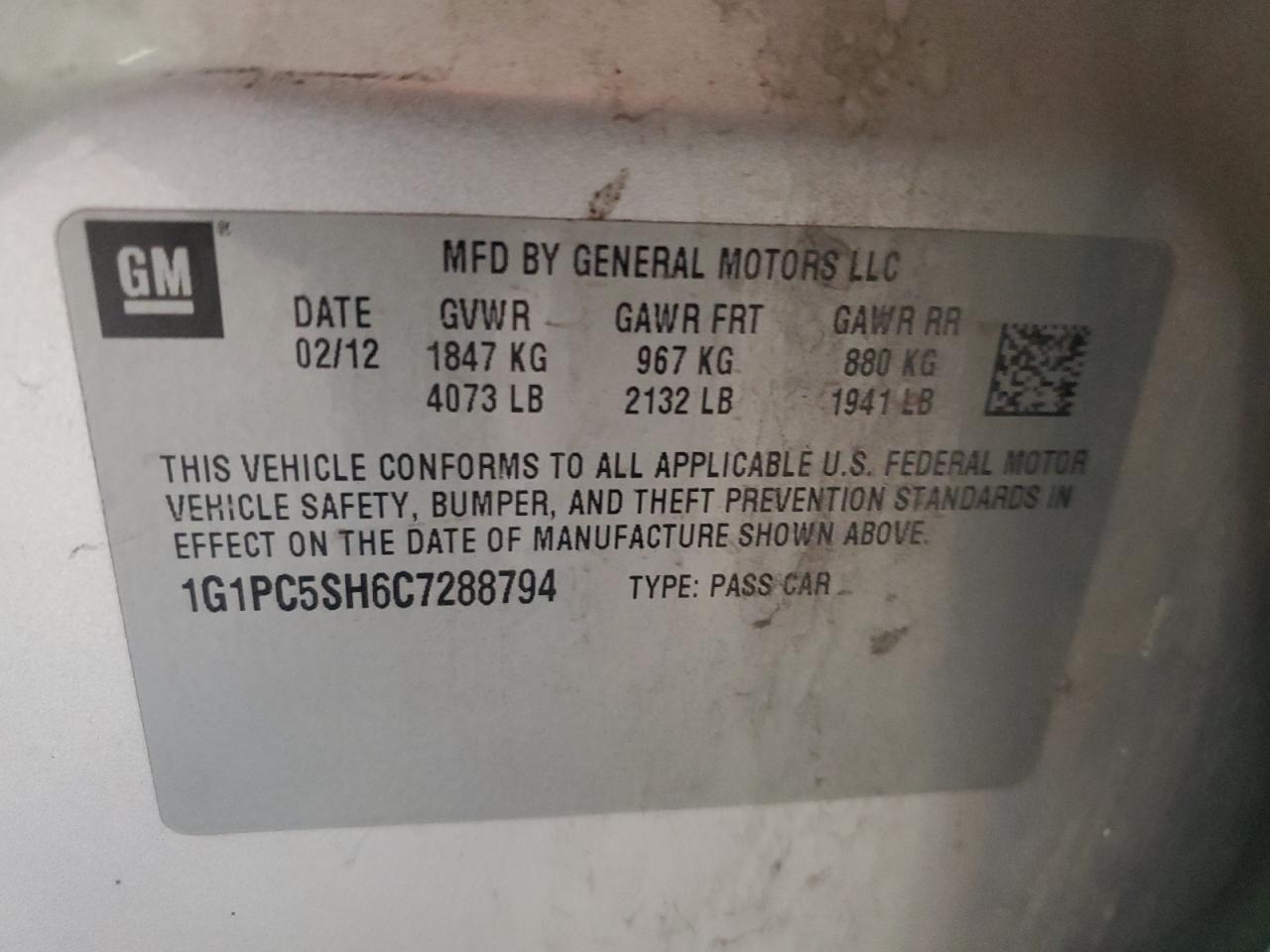 2012 Chevrolet Cruze Ls VIN: 1G1PC5SH6C7288794 Lot: 71213565