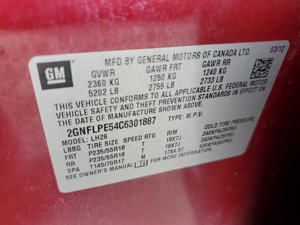 2012 Chevrolet Equinox Lt VIN: 2GNFLPE54C6301887 Lot: 83800175