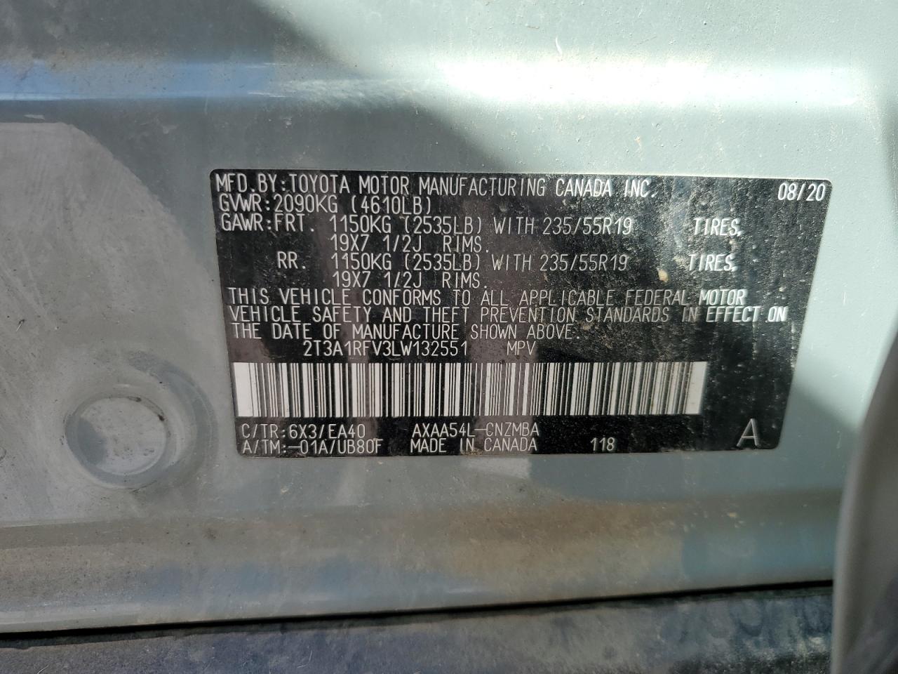 2020 Toyota Rav4 Xle Premium VIN: 2T3A1RFV3LW132551 Lot: 84842035