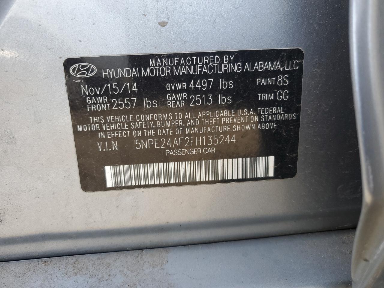 2015 Hyundai Sonata Se VIN: 5NPE24AF2FH135244 Lot: 72099405