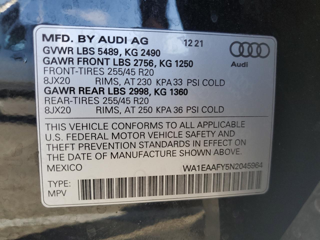 2022 Audi Q5 Premium Plus 45 VIN: WA1EAAFY5N2045964 Lot: 71728595