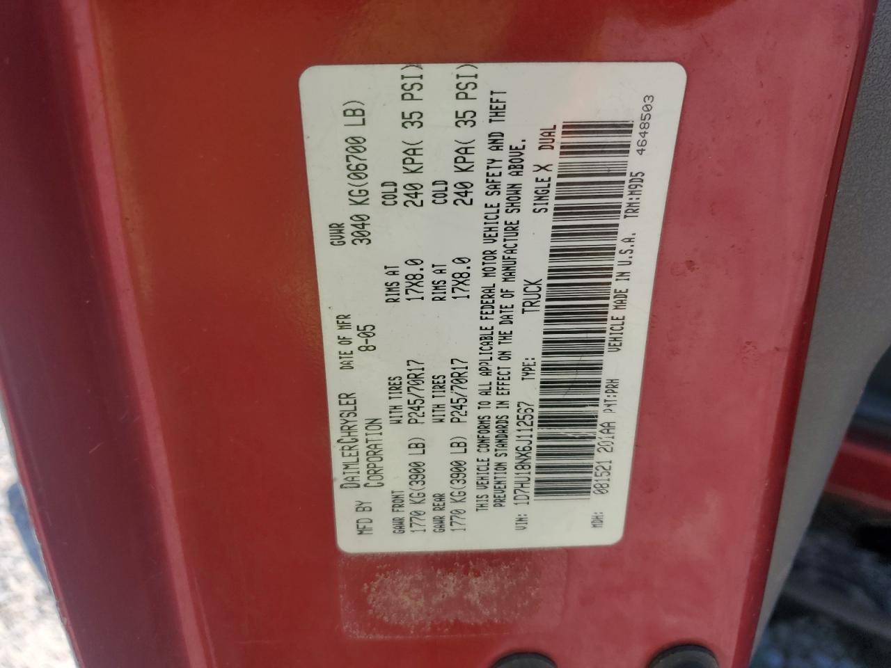 2006 Dodge Ram 1500 St VIN: 1D7HU18NX6J112567 Lot: 80290375