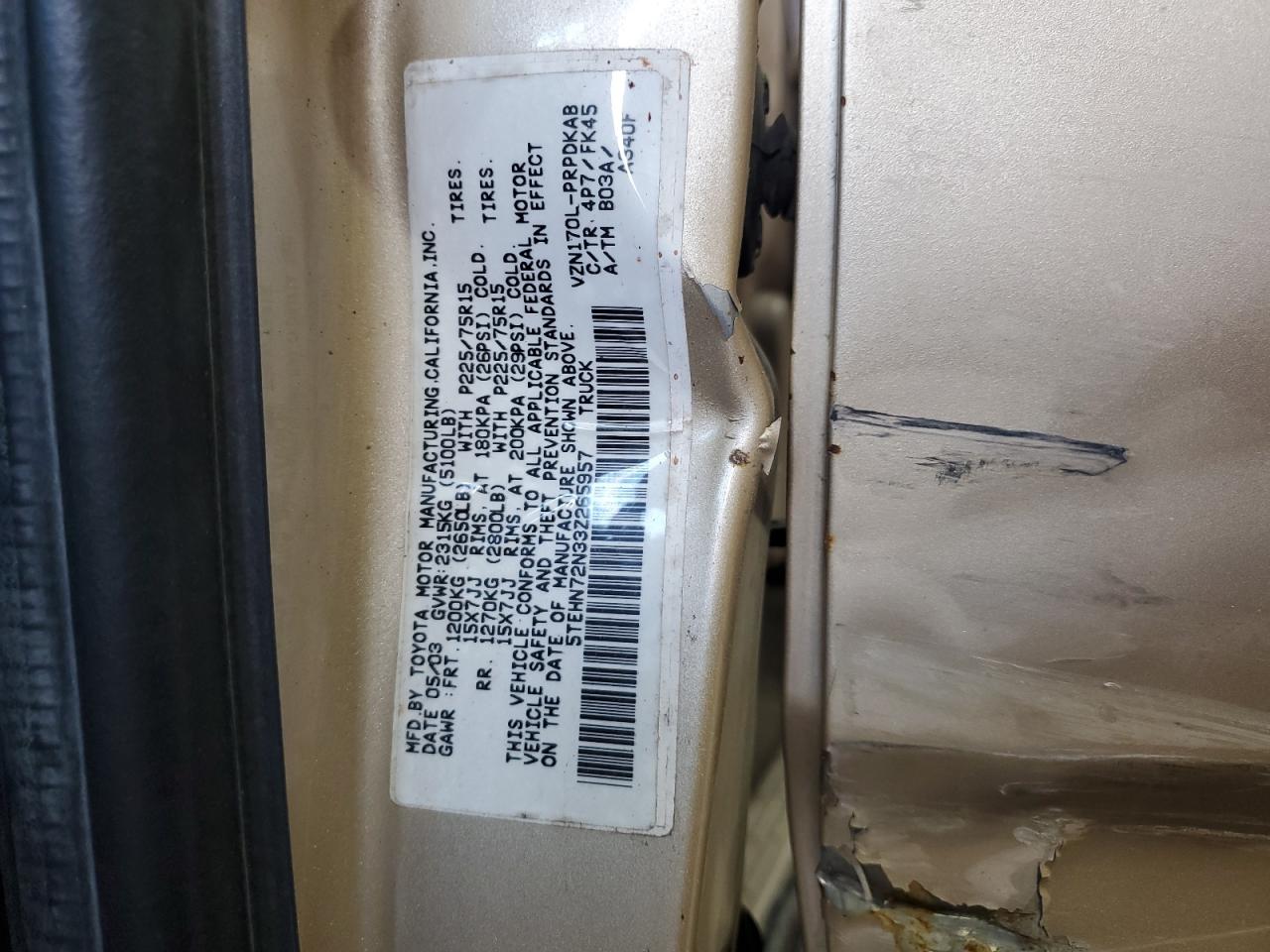 2003 Toyota Tacoma Double Cab VIN: 5TEHN72N33Z265957 Lot: 71544945