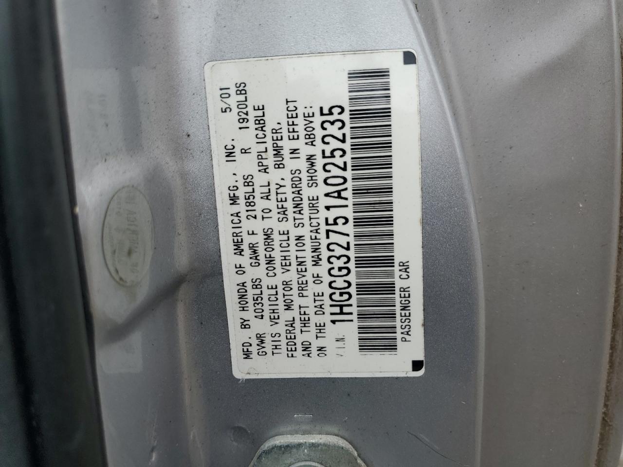 2001 Honda Accord Ex VIN: 1HGCG32751A025235 Lot: 80321695