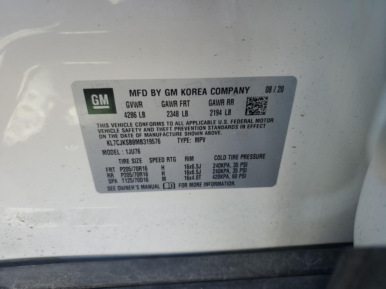 2021 Chevrolet Trax Ls VIN: KL7CJKSB8MB319576 Lot: 80303595