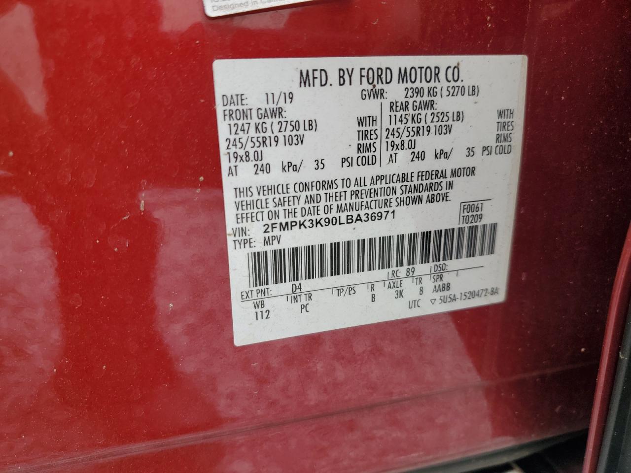 2020 Ford Sport Utility V VIN: 2FMPK3K90LBA36971 Lot: 83849045