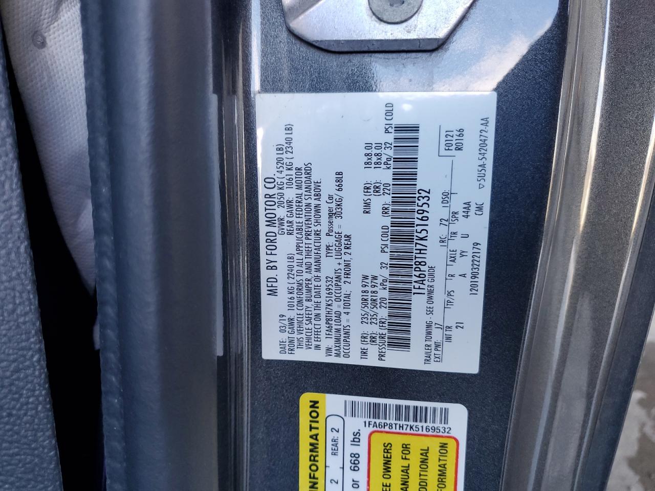 2019 Ford Mustang VIN: 1FA6P8TH7K5169532 Lot: 81428315