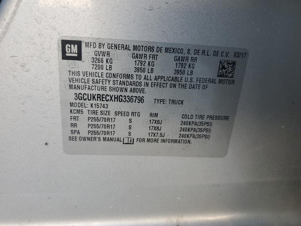 2017 Chevrolet Silverado K1500 Lt VIN: 3GCUKRECXHG336796 Lot: 80990725