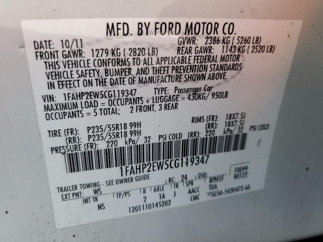 2012 Ford Taurus Sel VIN: 1FAHP2EW5CG119347 Lot: 84212915