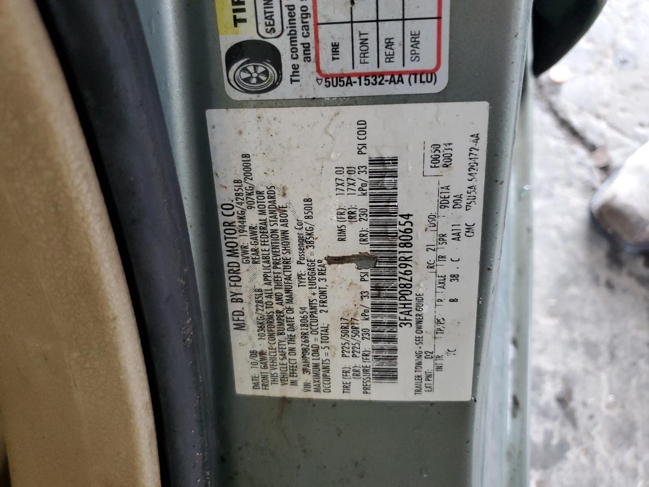 2009 Ford Fusion Sel VIN: 3FAHP08Z69R180654 Lot: 81771005