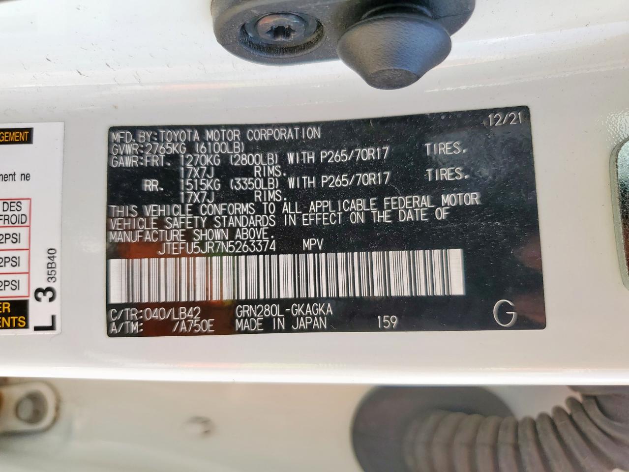 2022 Toyota 4Runner Sr5 VIN: JTEFU5JR7N5263374 Lot: 80753105