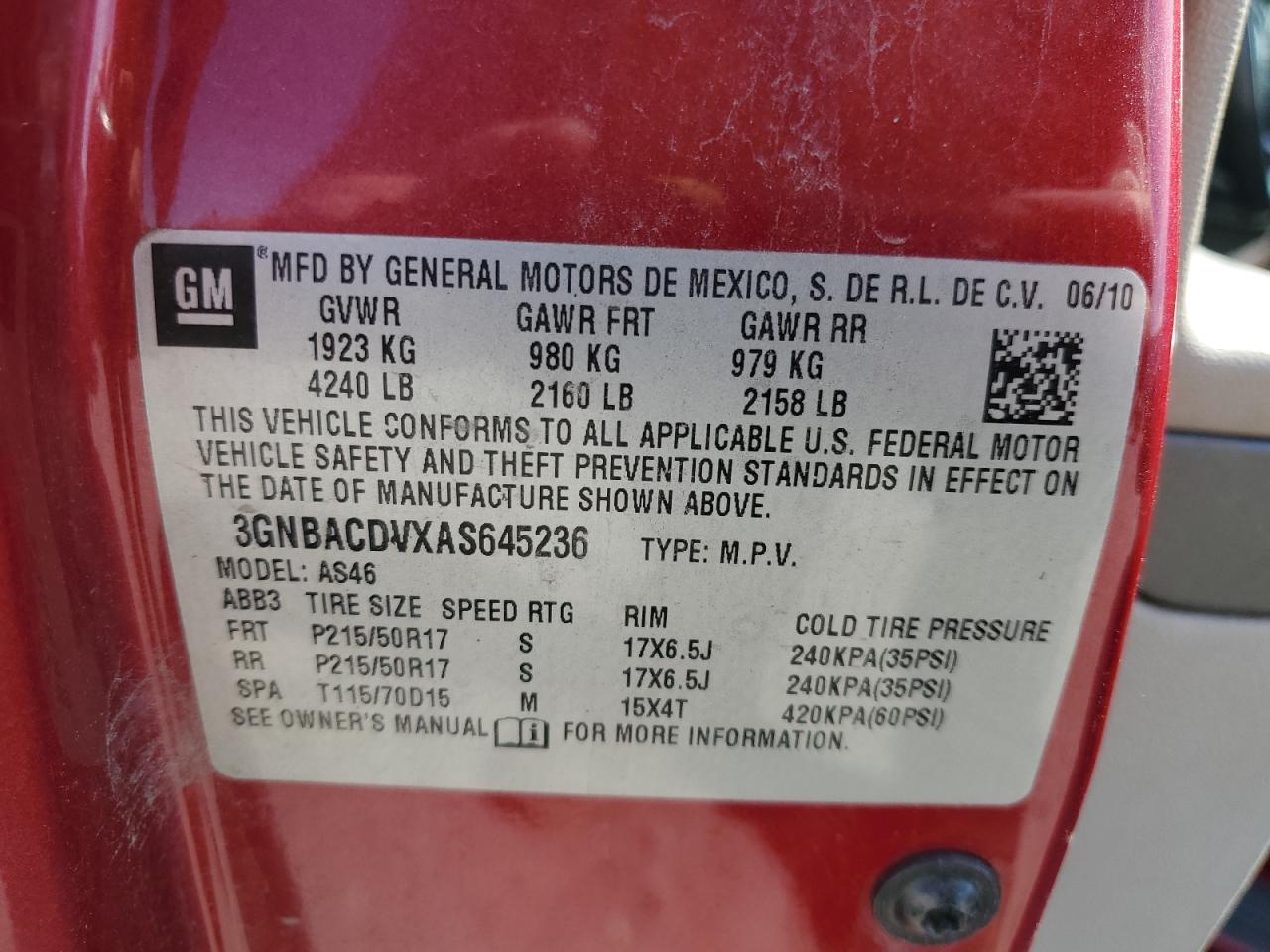 2010 Chevrolet Hhr Lt VIN: 3GNBACDVXAS645236 Lot: 71440205