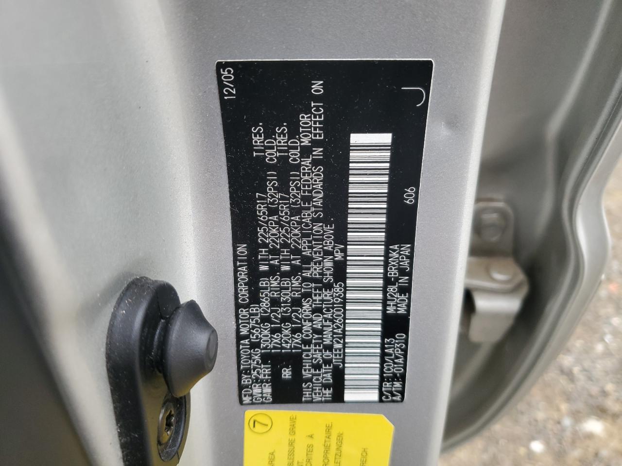 2006 Toyota Highlander Hybrid VIN: JTEEW21A260019385 Lot: 84581515