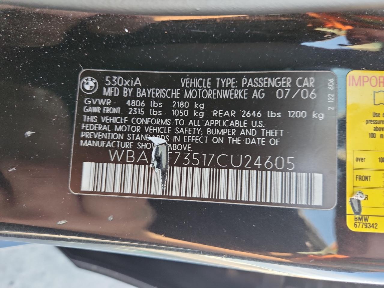 2007 BMW 530 Xi VIN: WBANF73517CU24605 Lot: 80943175