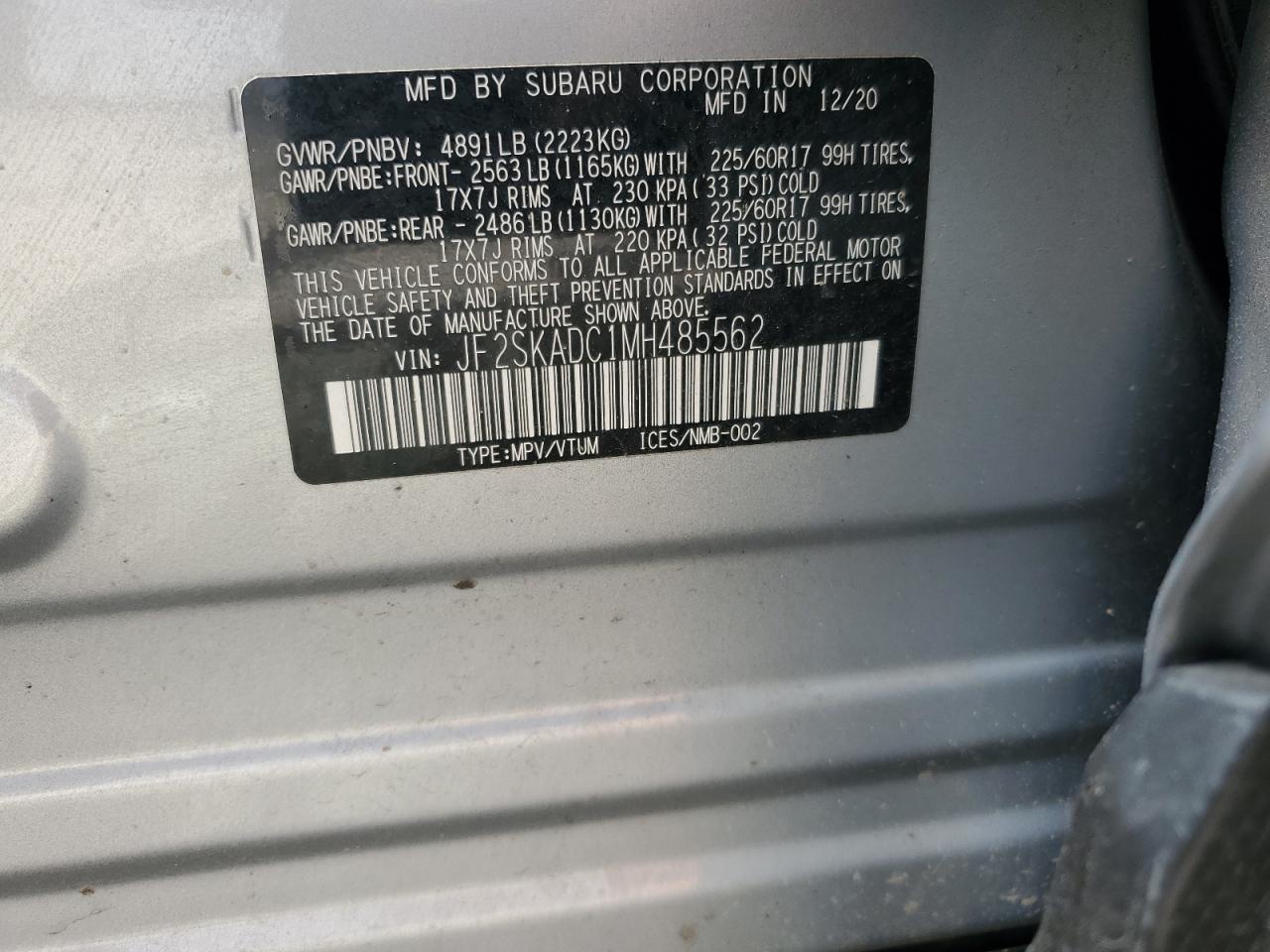 2021 Subaru Forester VIN: JF2SKADC1MH485562 Lot: 84580195