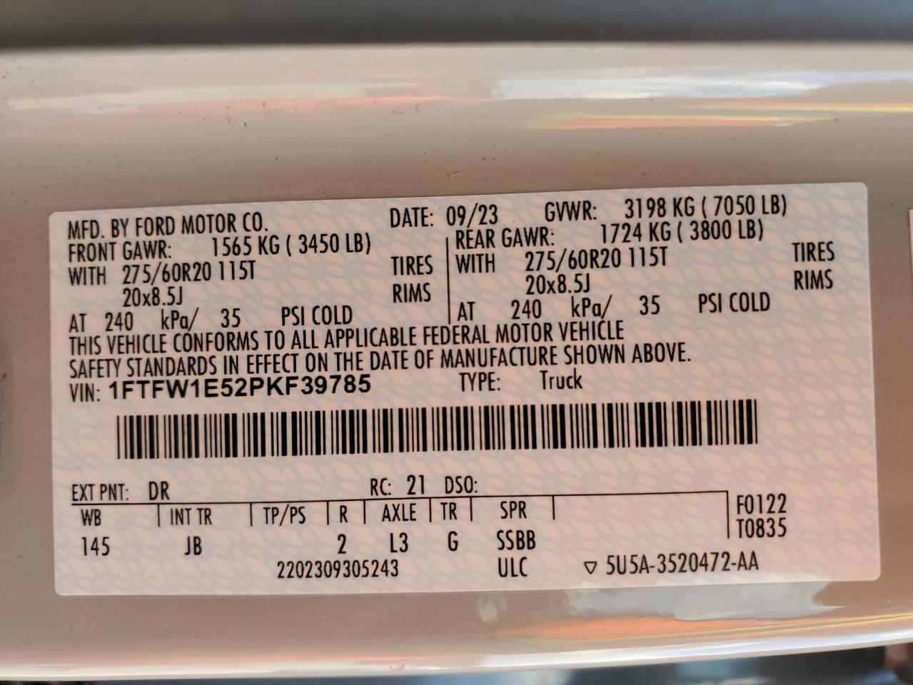 2023 Ford F150 Supercrew VIN: 1FTFW1E52PKF39785 Lot: 71201165