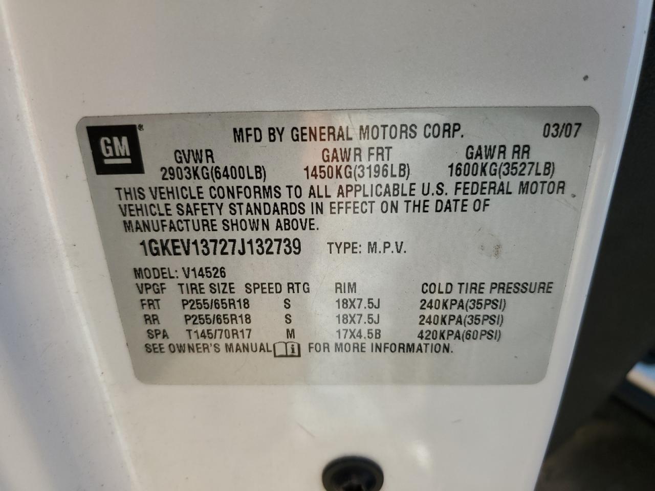 2007 GMC Acadia Sle VIN: 1GKEV13727J132739 Lot: 81871445