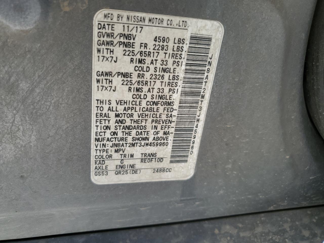 2018 Nissan Rogue S VIN: JN8AT2MT3JW459960 Lot: 81929715