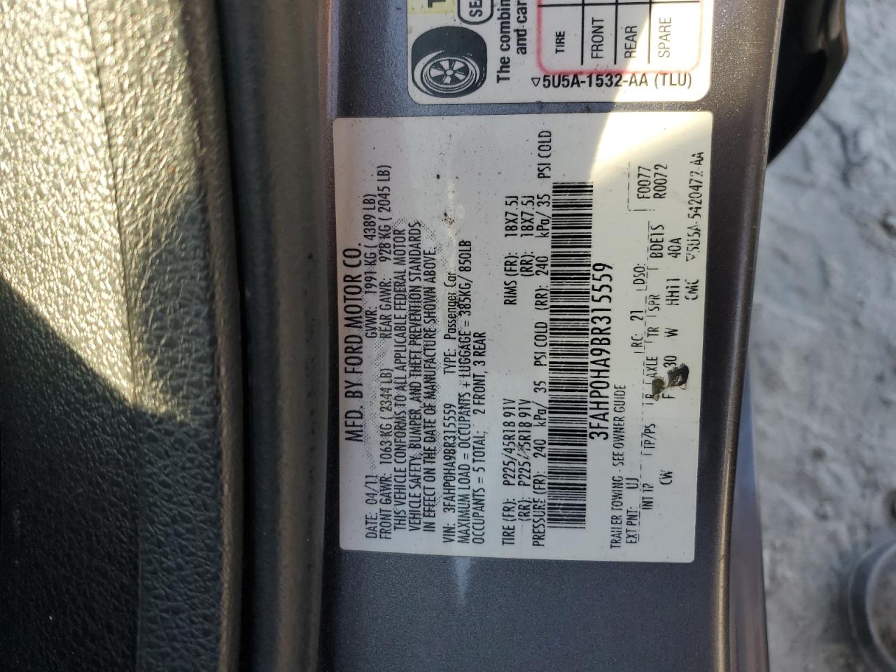 2011 Ford Fusion Se VIN: 3FAHP0HA9BR315559 Lot: 81272785