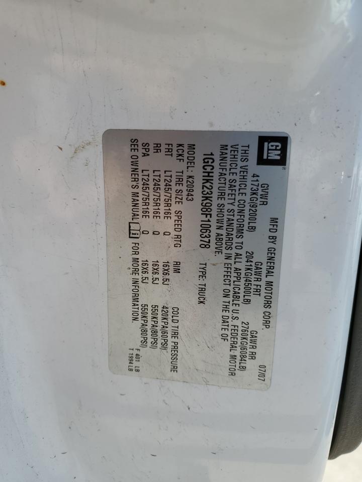 2008 Chevrolet Silverado K2500 Heavy Duty VIN: 1GCHK23K98F106378 Lot: 81107905