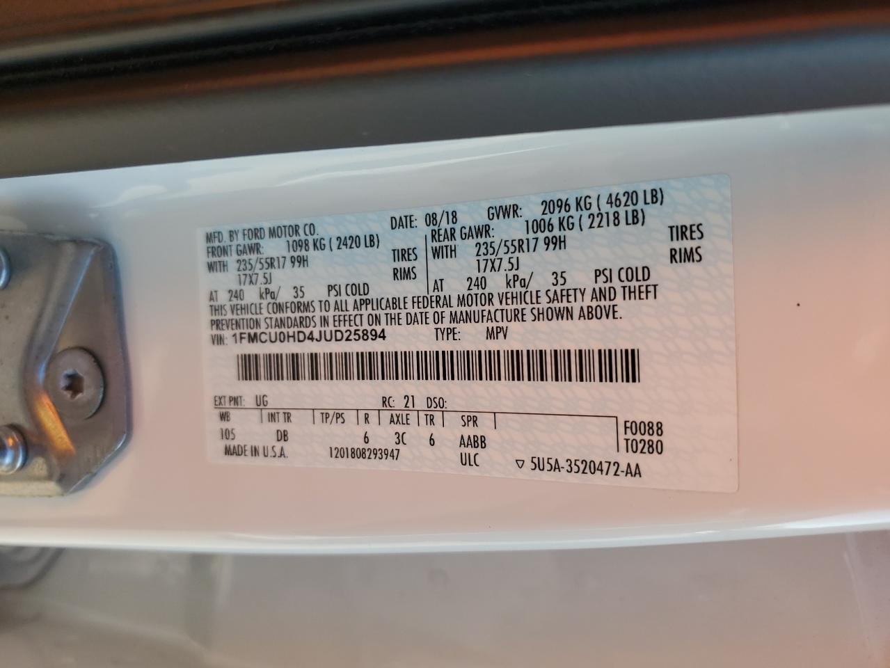 2018 Ford Escape Sel VIN: 1FMCU0HD4JUD25894 Lot: 80368765