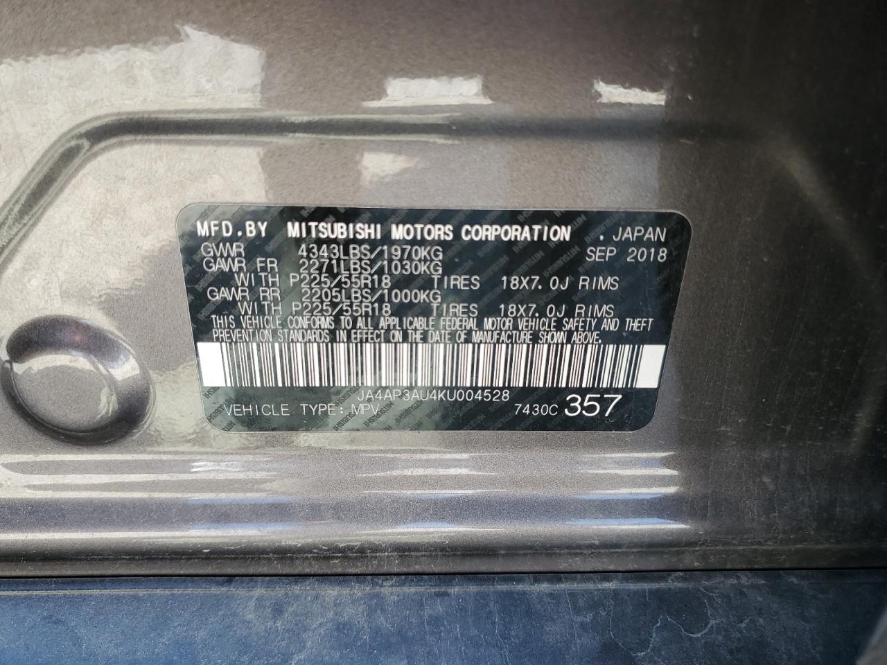 2019 Mitsubishi Outlander Sport Es VIN: JA4AP3AU4KU004528 Lot: 81142985