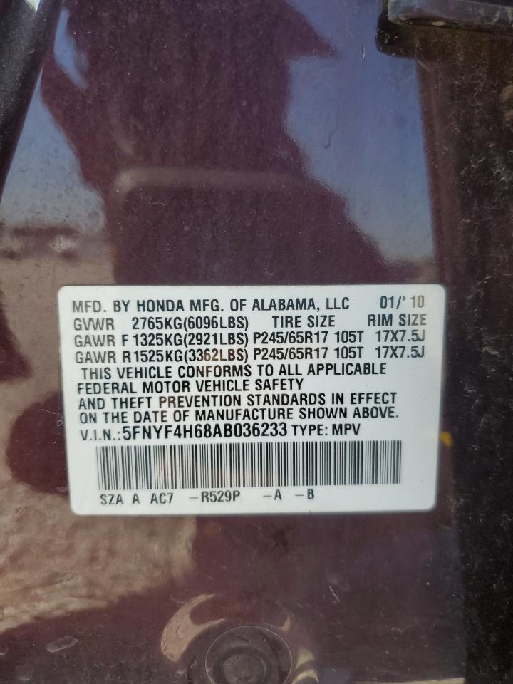 2010 Honda Pilot Exl VIN: 5FNYF4H68AB036233 Lot: 80354825